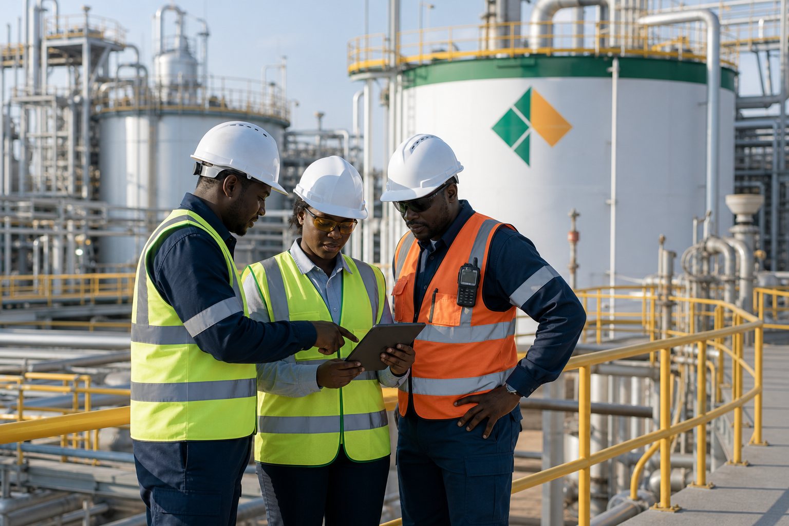 Industrial professionals reviewing operations at a petrochemical facility